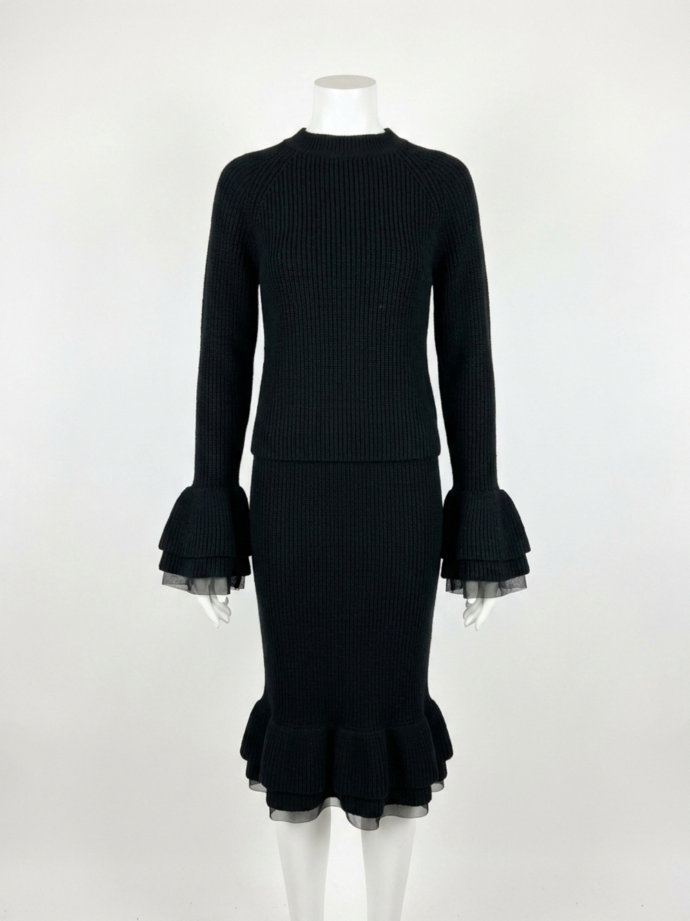 NEW NINA RICCI round neck layered mix ruffled wool knit top in black
